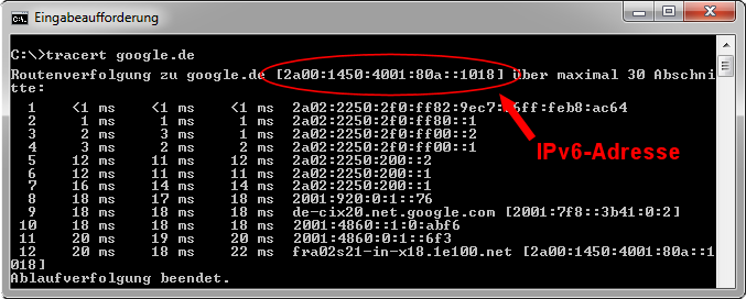 Traceroute über IPv6 zu Google